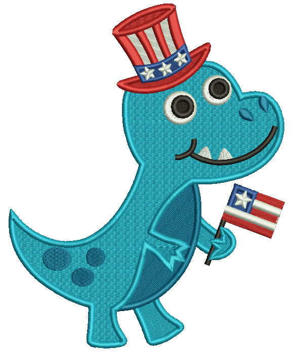 Independence Day Dino Holding American Flag Filled Machine Embroidery Design Digitized Pattern