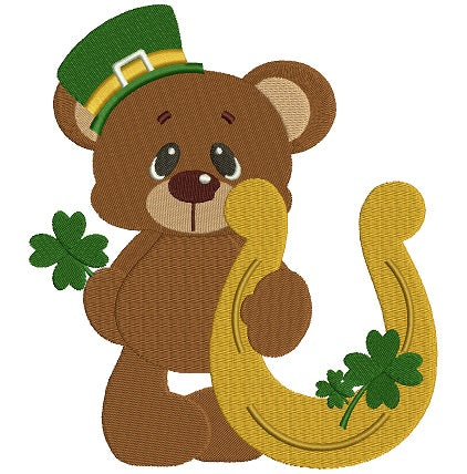 Irish Bear With Horseshoe and Shamrock Filled Machine Embroidery Digitized Design Pattern