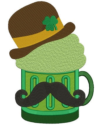 Irish Beer with Mustache and St Patricks Hat with Shamrock Filled Machine Embroidery Digitized Design Pattern