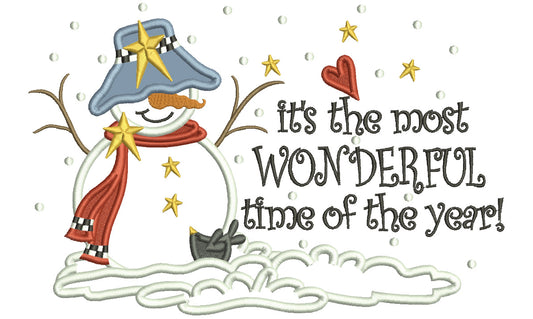 It's The Most Wonderful Time Of The Year Snowman Christmas Applique Machine Embroidery Design Digitized Pattern