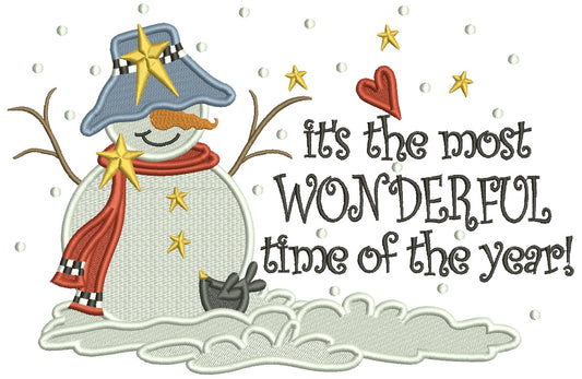 It's The Most Wonderful Time Of The Year Snowman Christmas Filled Machine Embroidery Design Digitized Pattern