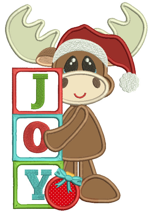JOY Cute Moose Wearing Santa Hat Christmas Applique Machine Embroidery Design Digitized Pattern