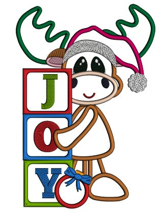 JOY Cute Moose Wearing Santa Hat Christmas Applique Machine Embroidery Design Digitized Pattern