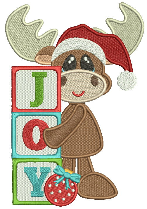 JOY Cute Moose Wearing Santa Hat Christmas Filled Machine Embroidery Design Digitized Pattern