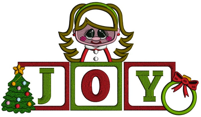 JOY Little Girl With Word Blocks And Christmas Tree Applique Machine Embroidery Design Digitized Pattern