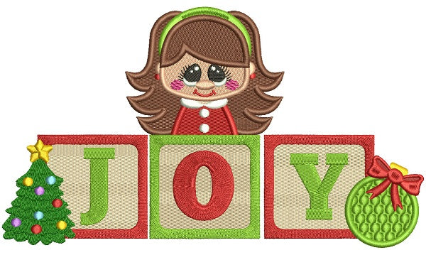 JOY Little Girl With Word Blocks And Christmas Tree Filled Machine Embroidery Design Digitized Pattern
