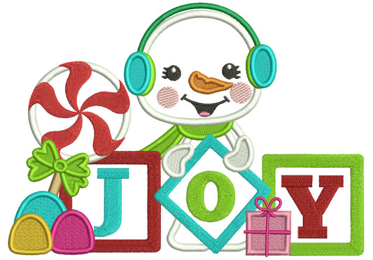 JOY Snowman With Blocks Christmas Applique Machine Embroidery Design Digitized Pattern