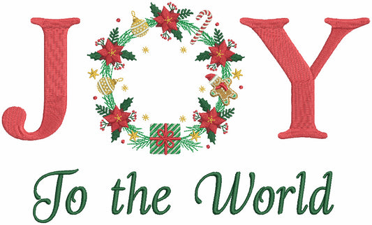 JOY To The World Christmas Wreath Filled Machine Embroidery Design Digitized Pattern