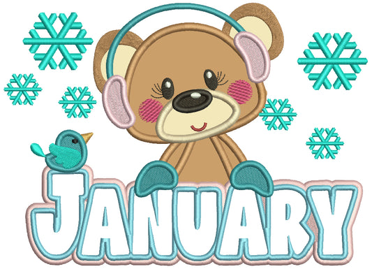 January Cute Bear And Snow Applique Machine Embroidery Design Digitized Pattern
