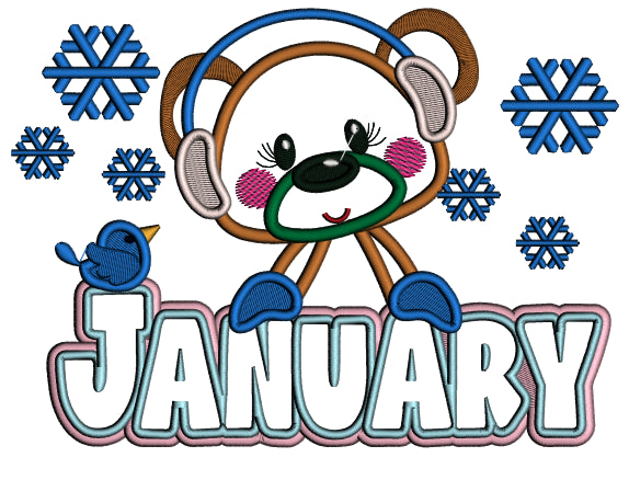 January Cute Bear And Snow Applique Machine Embroidery Design Digitized Pattern