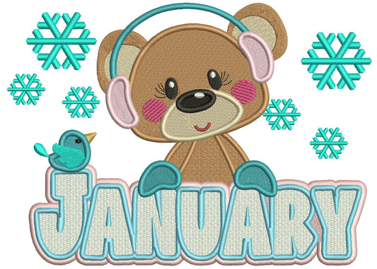 January Cute Bear And Snow Filled Machine Embroidery Design Digitized Pattern
