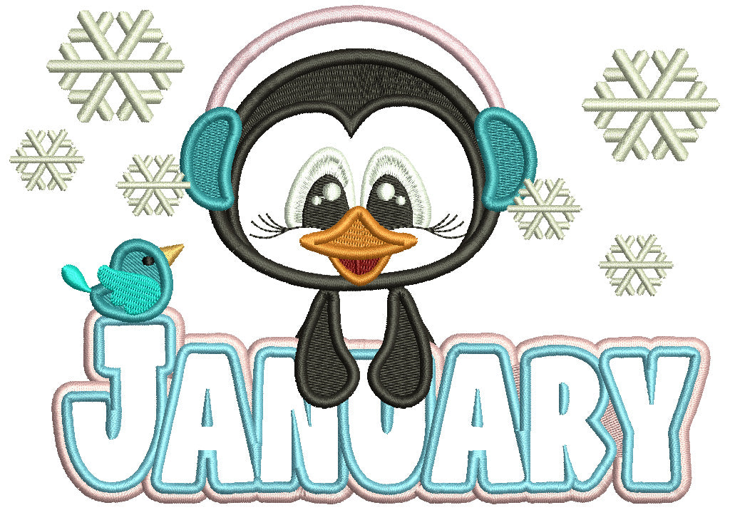 January Penguin And Snow Christmas Applique Machine Embroidery Design Digitized Pattern Filled Machine Embroidery Design Digitized Pattern