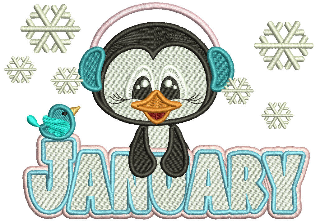January Penguin And Snow Christmas Filled Machine Embroidery Design Digitized Pattern Filled Machine Embroidery Design Digitized Pattern