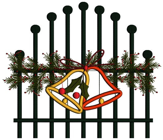 Jingle Bells on a Gate Christmas Applique Machine Embroidery Design Digitized Pattern