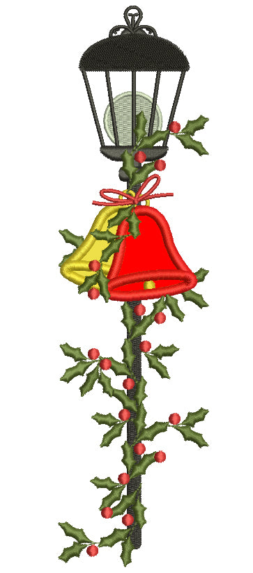 Jingle Bells on a Light Pole Christmas Applique Machine Embroidery Design Digitized Pattern