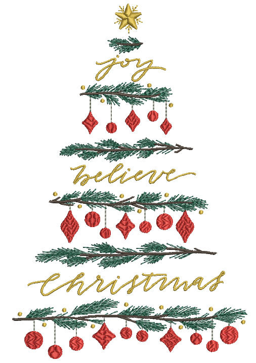 Joy Believe Christmas Tree Filled Machine Embroidery Design Digitized Pattern