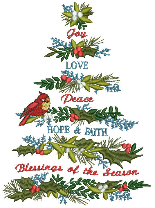 Joy Love Peace Hope Faith Christmas Tree Filled Machine Embroidery Design Digitized Pattern