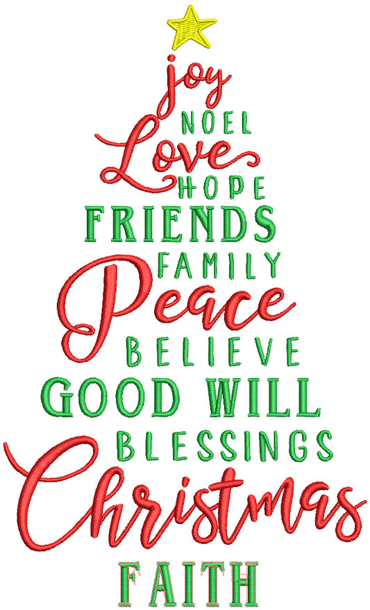 Joy NOEL Love Hope Friends Family Peace Christmas Tree Filled Machine Embroidery Design Digitized Pattern
