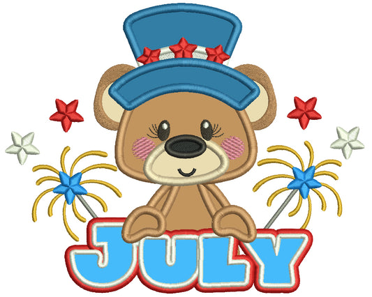 July Bear Independence Day Patriotic Applique Machine Embroidery Design Digitized Pattern