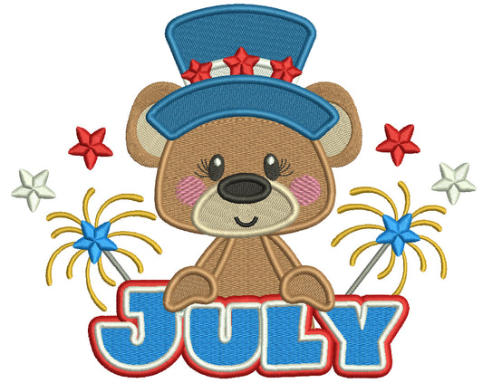 July Bear Independence Day Patriotic Filled Machine Embroidery Design Digitized Pattern