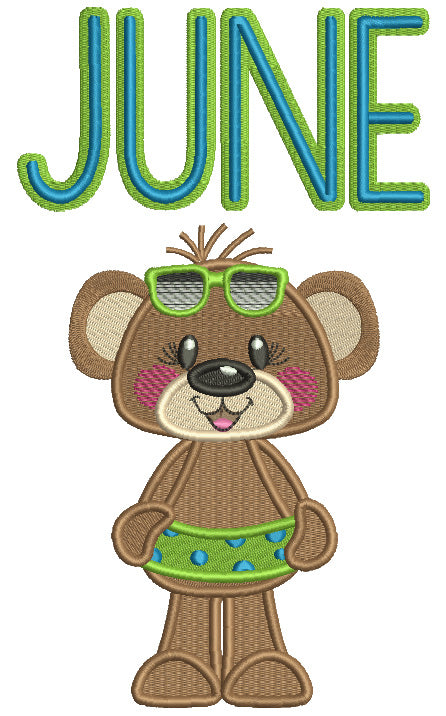 June Baby Bear With Sunglasses Summer Filled Machine Embroidery Design Digitized Pattern