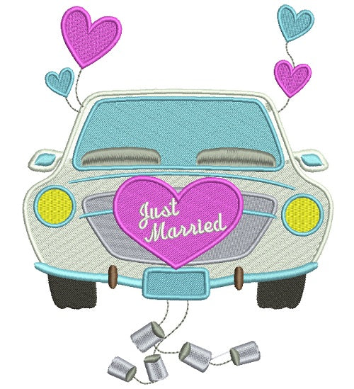 Just Married Car With Hearts Filled Machine Embroidery Design Digitized Pattern