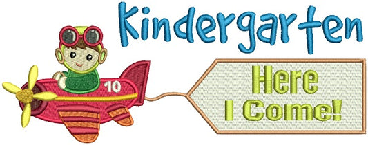 Kindergarten Here I come Flying Airplane School Filled Machine Embroidery Design Digitized Pattern