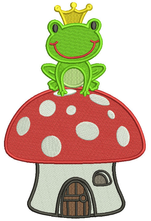 King Frog Sitting On a Mushroom House Filled Machine Embroidery Design Digitized Pattern
