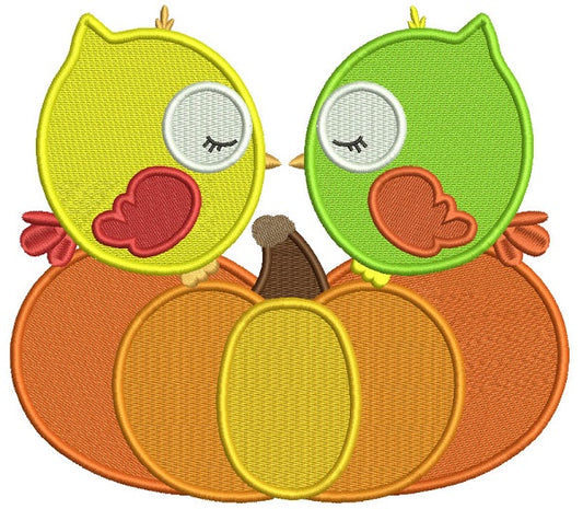 Kissing Birds Sitting On The Pumpkin Filled Machine Embroidery Design Digitized Pattern