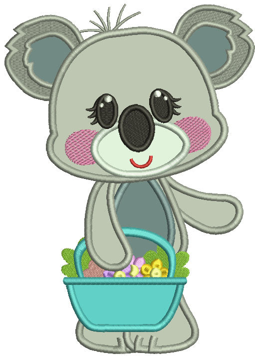 Koala Holding Basket With Flowers Applique Machine Embroidery Digitized Design Pattern