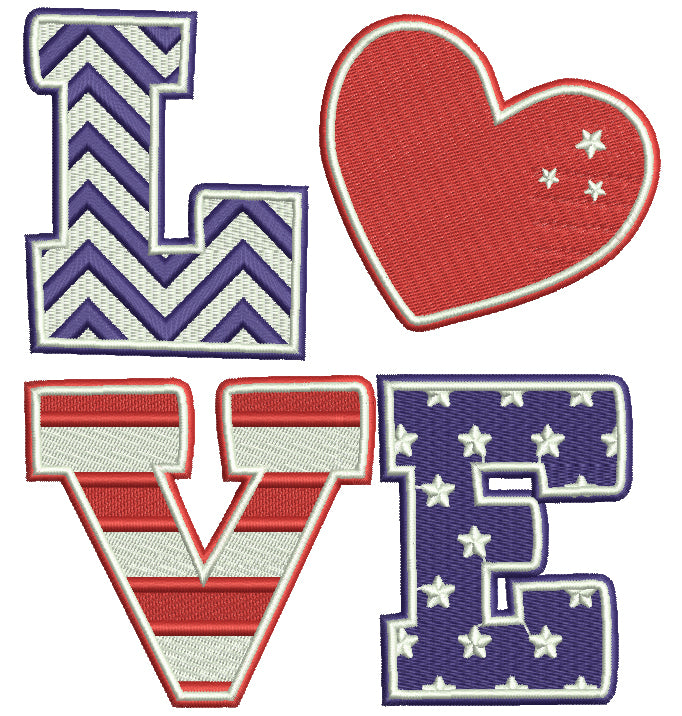 LOVE Amercian Flag With Heart Patriotic 4th Of July Filled Machine Embroidery Design Digitized Pattern