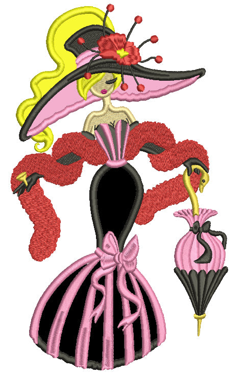 Lady With a Fancy Hat And Umbrella Applique Machine Embroidery Design Digitized Pattern