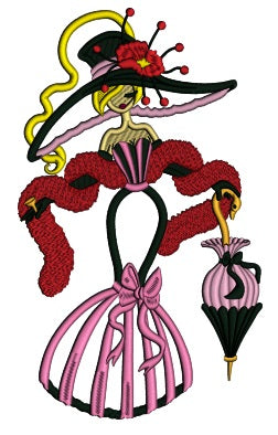 Lady With a Fancy Hat And Umbrella Applique Machine Embroidery Design Digitized Pattern