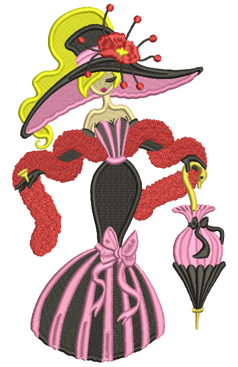 Lady With a Fancy Hat And Umbrella Filled Machine Embroidery Design Digitized Pattern