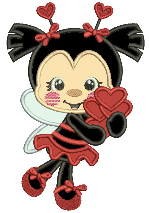 Ladybug Holding Hearts Applique Valentine's Day Machine Embroidery Design Digitized Pattern