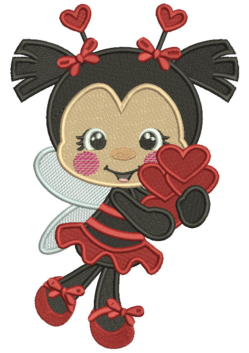 Ladybug Holding Hearts Filled Valentine's Day Machine Embroidery Design Digitized Pattern