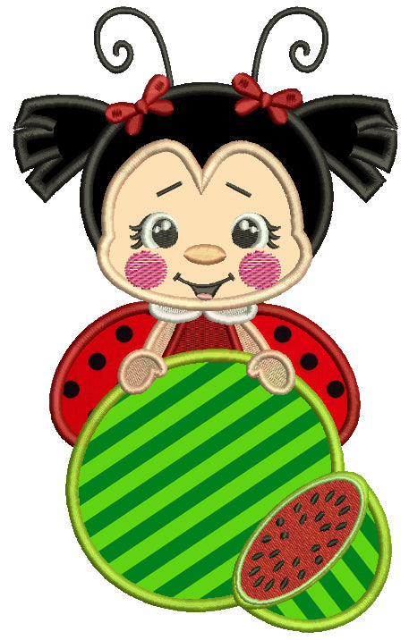 Ladybug Holding Watermelon Applique Machine Embroidery Design Digitized