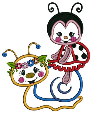 Ladybug Sitting On The Snail Applique Machine Embroidery Design Digitized Pattern