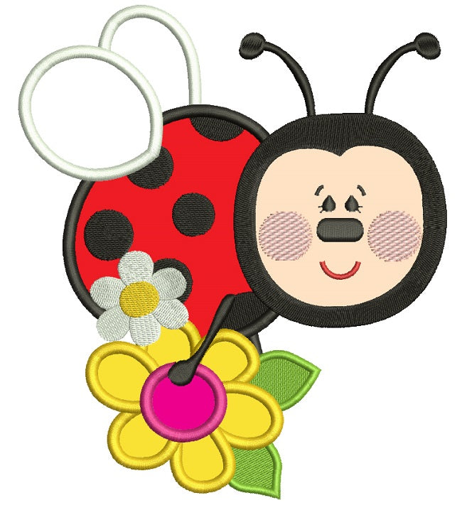 Ladybug Sitting on a Big Flower Applique Machine Embroidery Design Digitized Pattern