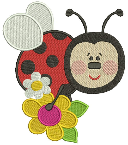 Ladybug Sitting on a Big Flower Filled Machine Embroidery Design Digitized Pattern