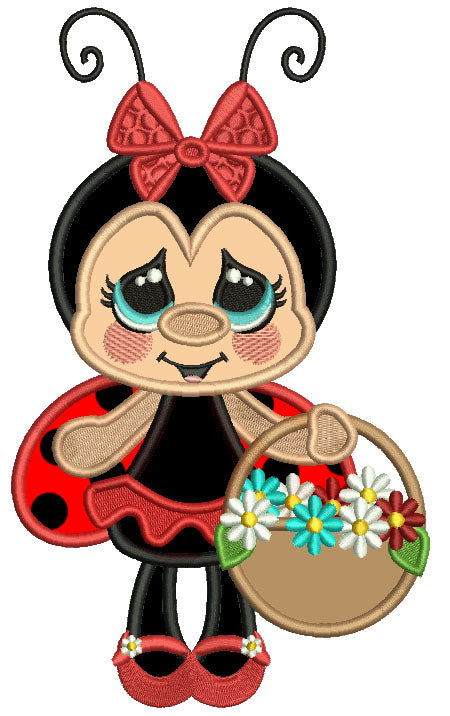 Ladybug With Big Eyes and Flower Basket And a Bow Applique Machine Embroidery Design Digitized Pattern