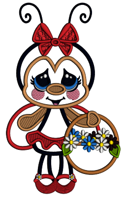 Ladybug With Big Eyes and Flower Basket And a Bow Applique Machine Embroidery Design Digitized Pattern