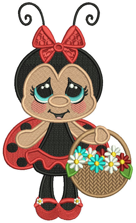 Ladybug With Big Eyes and Flower Basket And a Bow Filled Machine Embroidery Design Digitized Pattern