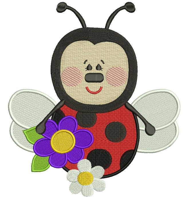 Ladybug With a Big Flower Filled Machine Embroidery Design Digitized Pattern
