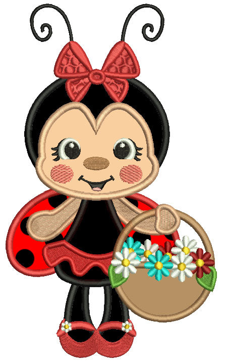Ladybug a Flower Basket And a Bow Applique Machine Embroidery Design Digitized Pattern