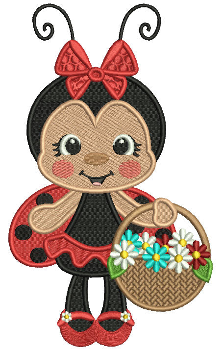 Ladybug a Flower Basket And a Bow Filled Machine Embroidery Design Digitized Pattern