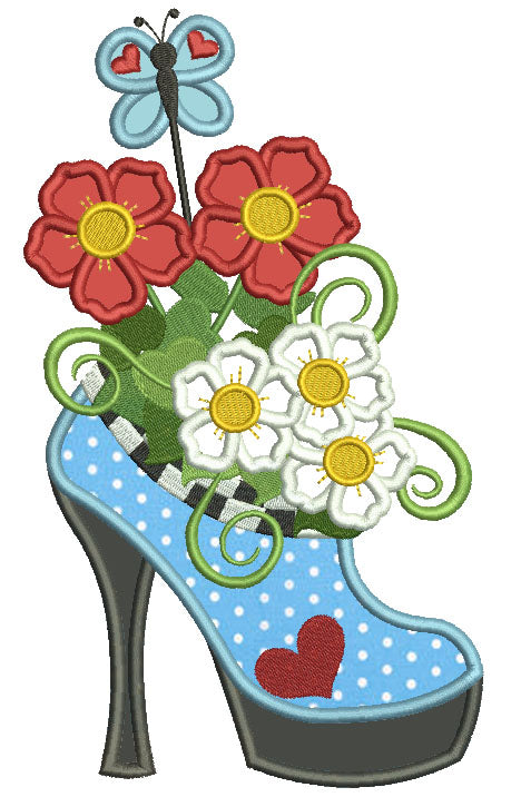 Lady's High Heel Shoe With Flowers Applique Machine Embroidery Design Digitized Pattern