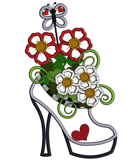 Lady's High Heel Shoe With Flowers Applique Machine Embroidery Design Digitized Pattern