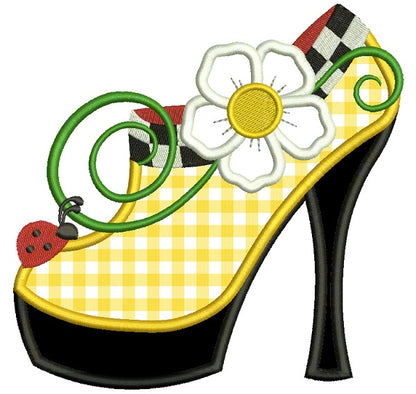 Lady's Shoe With Flower and Ladybug Applique Machine Embroidery Design Digitized Pattern