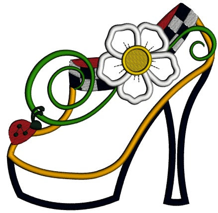 Lady's Shoe With Flower and Ladybug Applique Machine Embroidery Design Digitized Pattern
